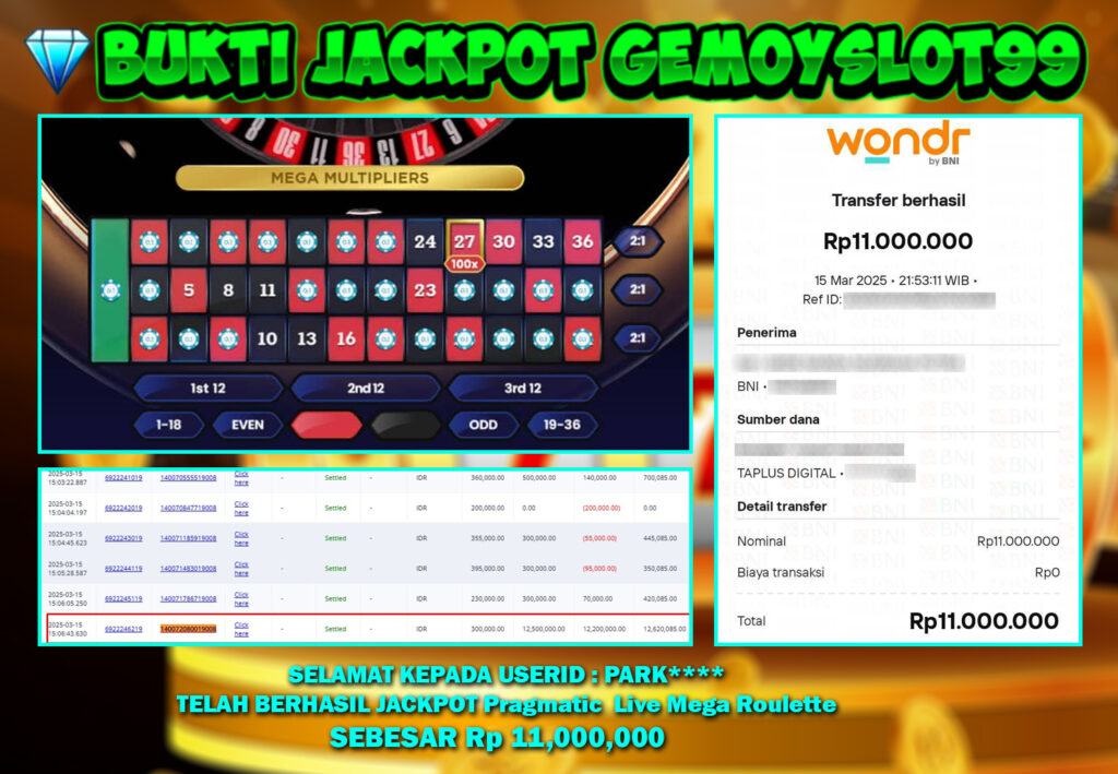 BUKTI PEMBAYARAN JACKPOT LIVE GAMES MEMBER GEMOYSLOT99 SEBESAR 11.000.000 RUPIAH