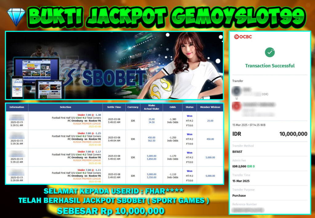 Bukti Pembayaran Jackpot Sport Games Member GEMOYSLOT99 Sebesar 10.000.000 Rupiah