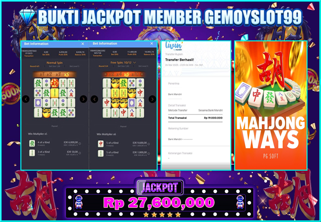 Selamat Kepada ID : JHERXXXX Jackpot Besar PGSOFT Mahjong Ways Rp 19.000.000 di Gemoyslot99