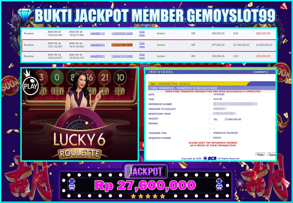 BUKTI PEMBAYARAN JACKPOT LIVE GAMES LUCKY 6 ROULETTE (PRAGMATIC LIVE) GEMOYSLOT99